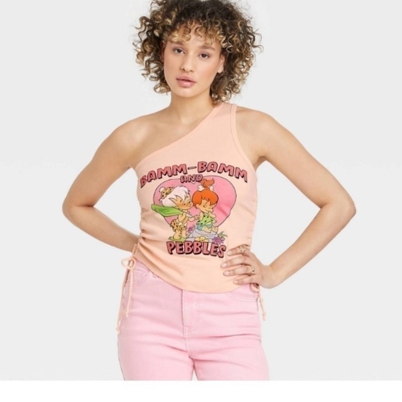 Flintstones Tops - Flintstones Pebbles & Bamm-Bamm Peachy One Shoulder Top